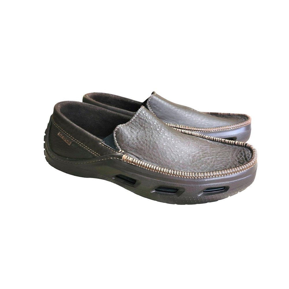 Crocs Tideline Leather Slip On Loafers Mens Size 8 Brown Moccasin Comfort Shoes